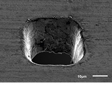 Extremely small hole, laser entry side 18µm, in 30 µm metal foil